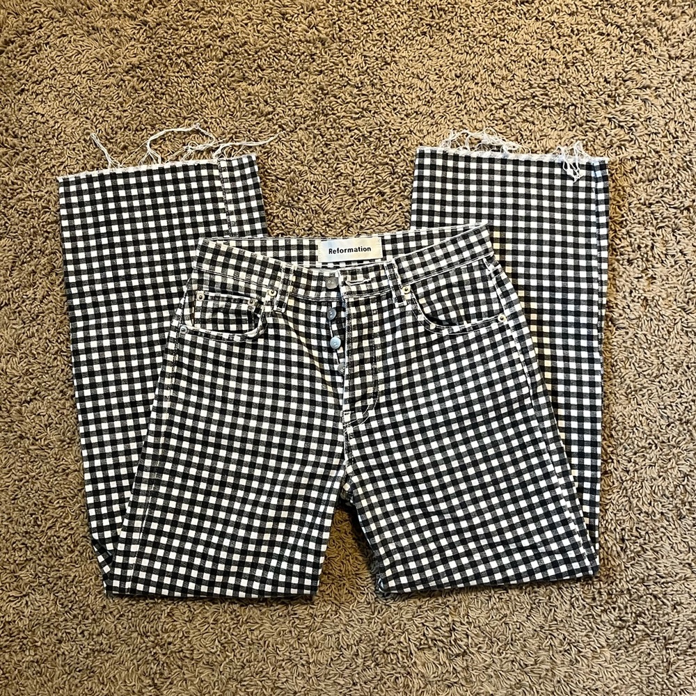 Reformation Black & White Gingham Cropped Jeans